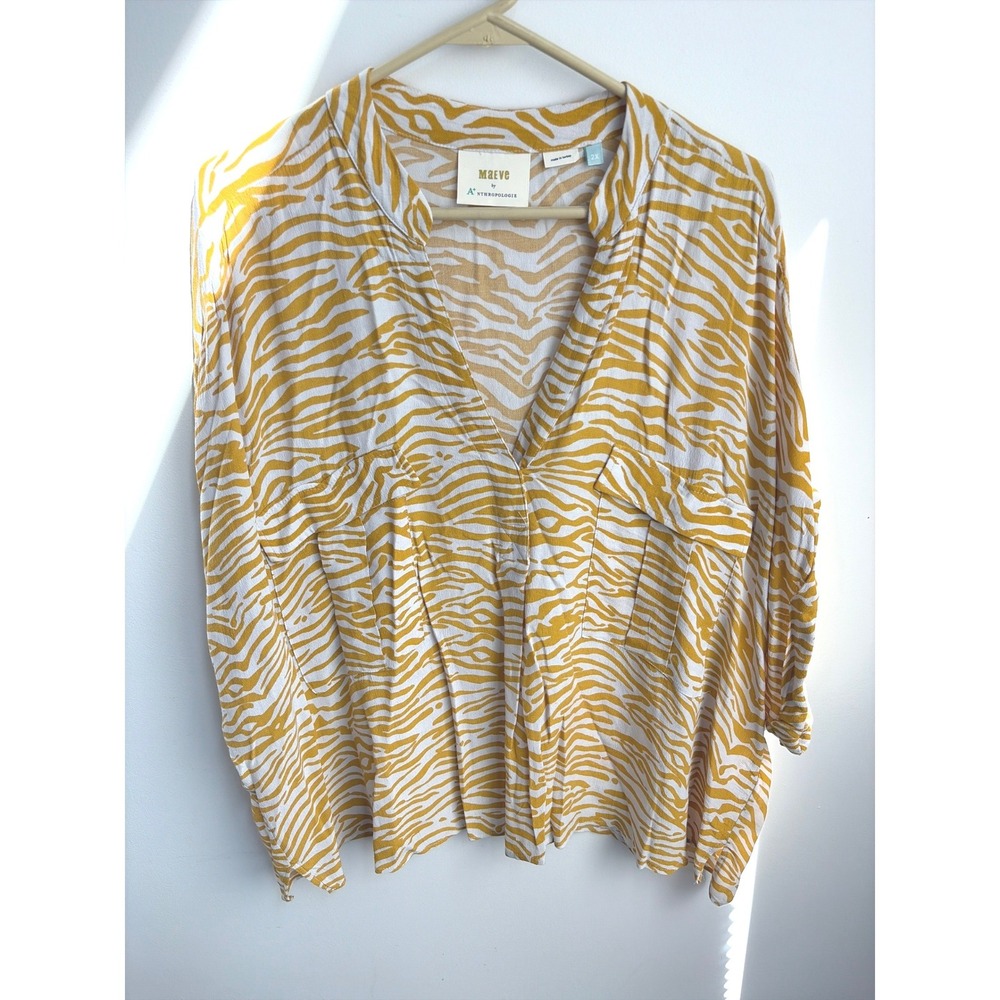 Maeve Anthropologie Blouse 2X Boho Yellow Zebra Print Relaxed V-Neck Button Top